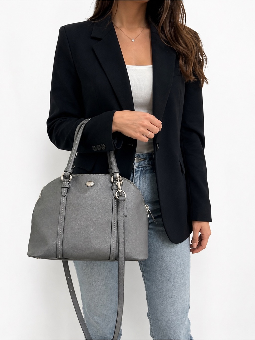 Coach Gray Pebble Leather Dome Satchel with Crossbody Strap